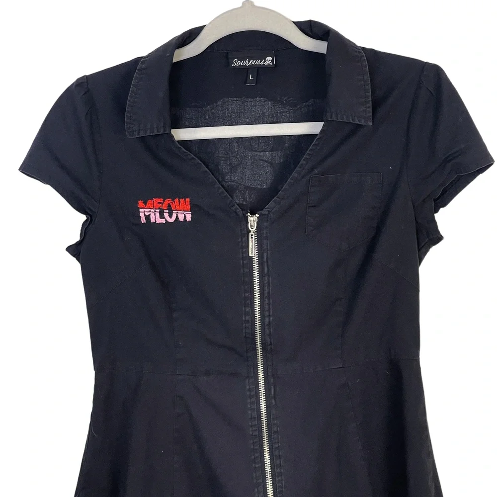 Sourpuss Clothing Y2K Black Cat Cap Sleeve Collared Zip Up Shirt Dress Large - Picture 9 of 12